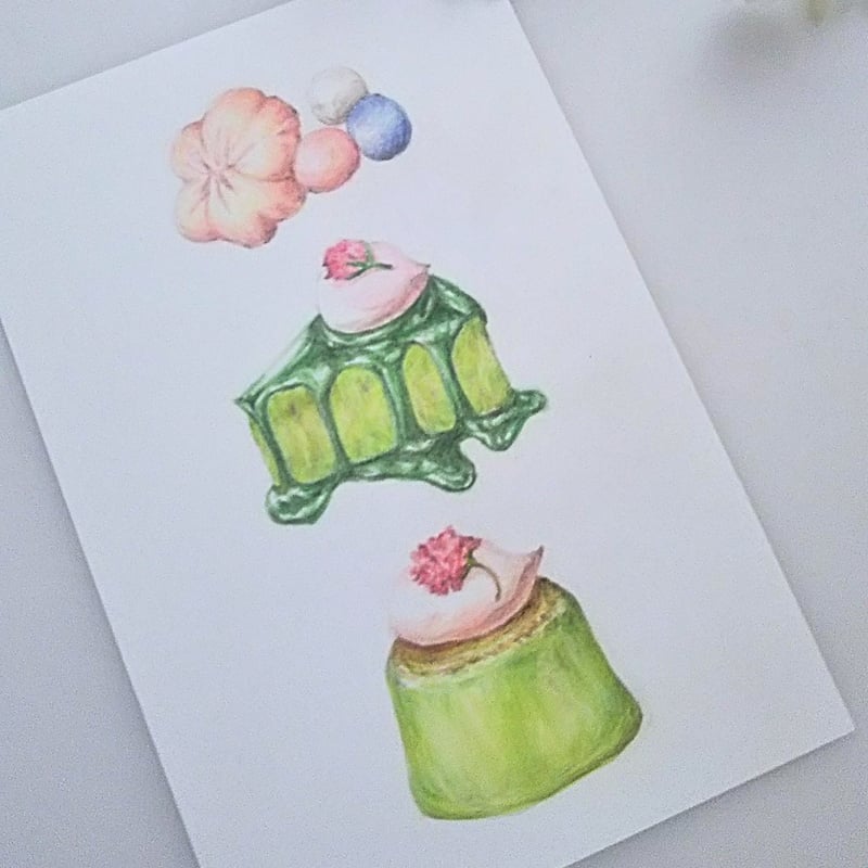 色鉛筆画 原画 一点物 手描き イラスト ハガキサイズ アート 抹茶