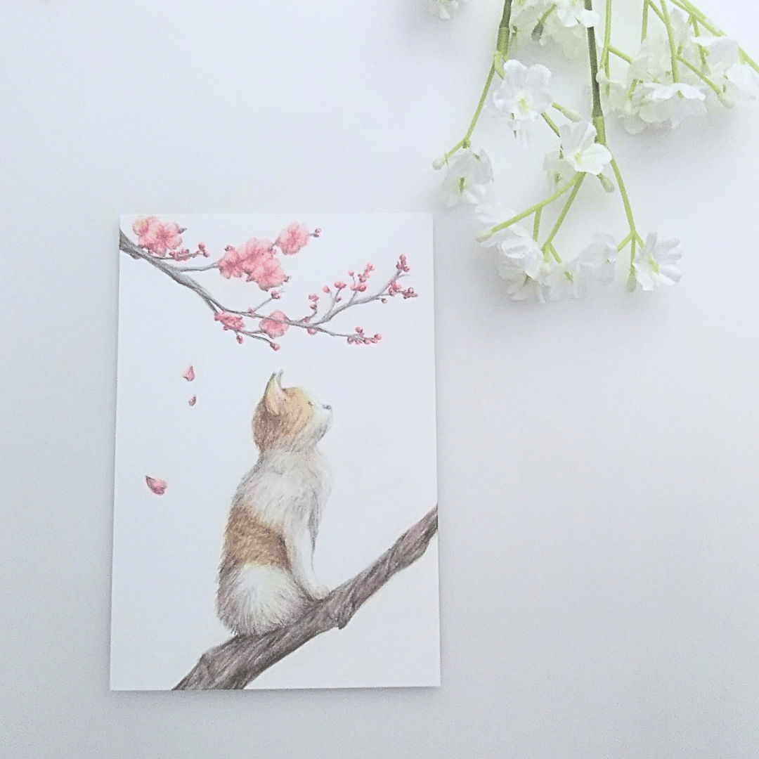 色鉛筆画 原画 一点物 手描き イラスト ハガキサイズ アート ネコ 桜