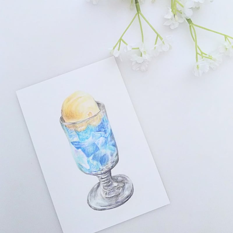 色鉛筆画 原画 一点物 手描き イラスト アート ハガキサイズ クリーム