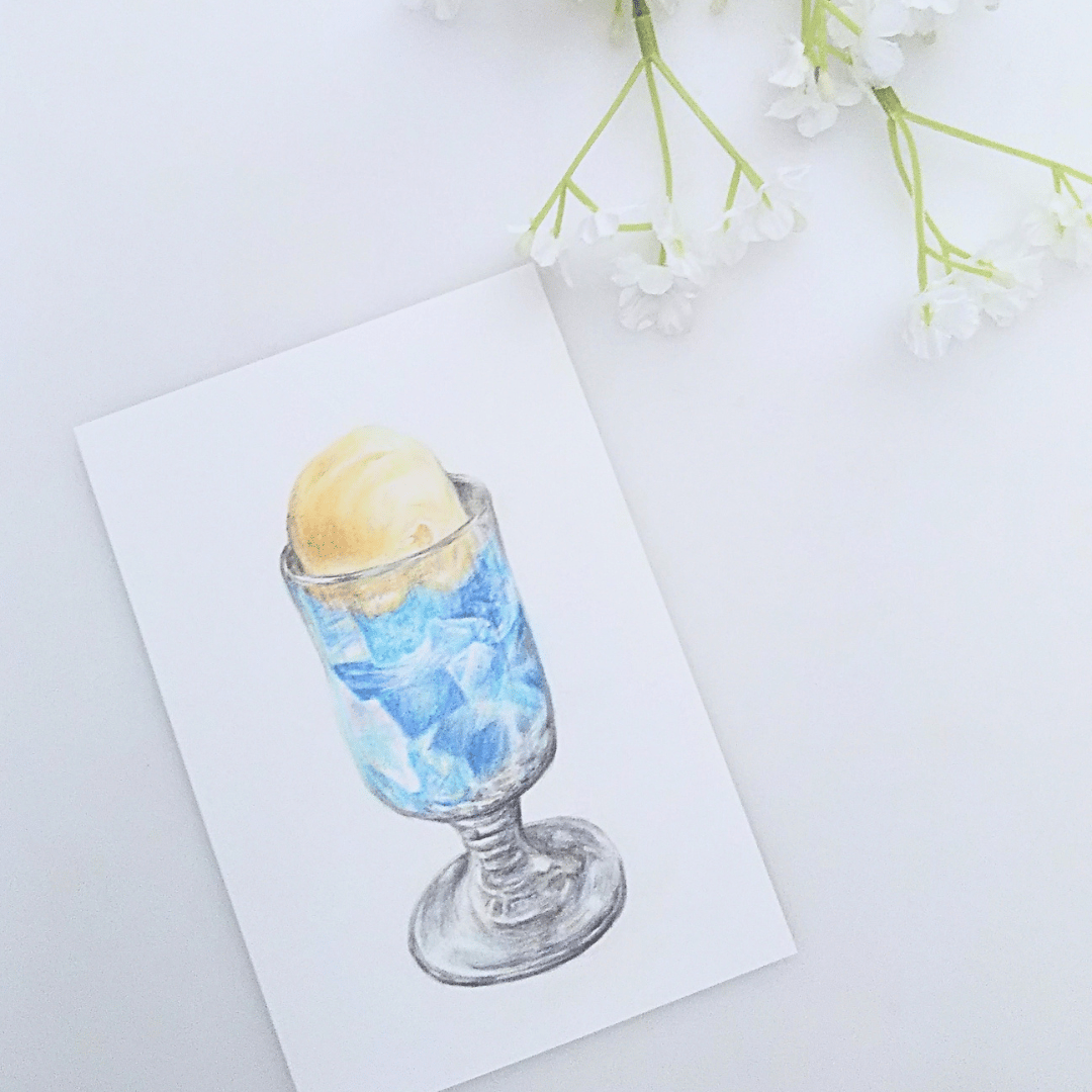 限定　手書き　色鉛筆画 【あの夏の日】 色鉛筆画 原画 一点物 手描き イラスト アート ハガキサイズ クリーム