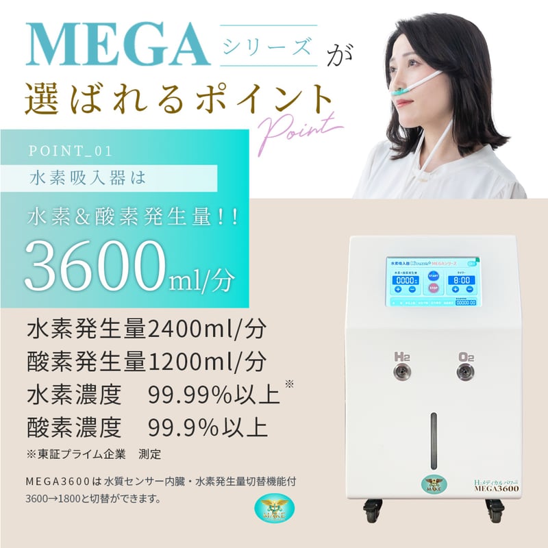 MEGA3600｜高濃度水素吸入器＆酸素吸入器｜水素発生量 2400ml/分