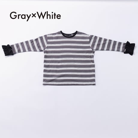 nunuforme / ボーダーダブルフリルスリーブT  40-nf26-999-724  Gray×White  M .L .XL.1(155).2(163)