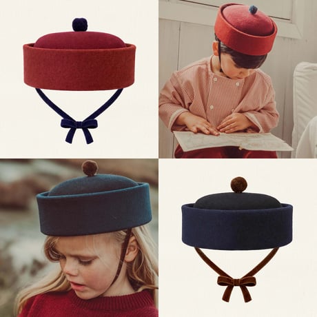 THE LiTTLE POETS_Oscar Pillbox Hat with Pompom (Navy,Granate )  / 54cm