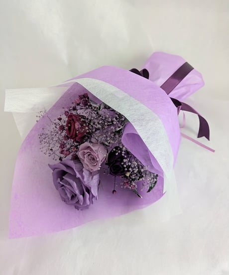プリザーブドフラワー／大輪のライラックローズとミニ薔薇とかすみ草のふんわり花束