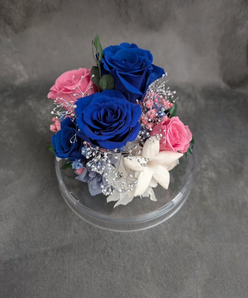 プリザーブドフラワー／ドームの中に咲く青とピンクの薔薇と小花の