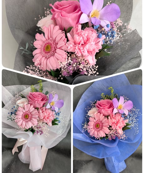 プリザーブドフラワー花束／ピンクの薔薇とガーベラの感謝と温かい心を届ける花束／花言葉  青ラッピング