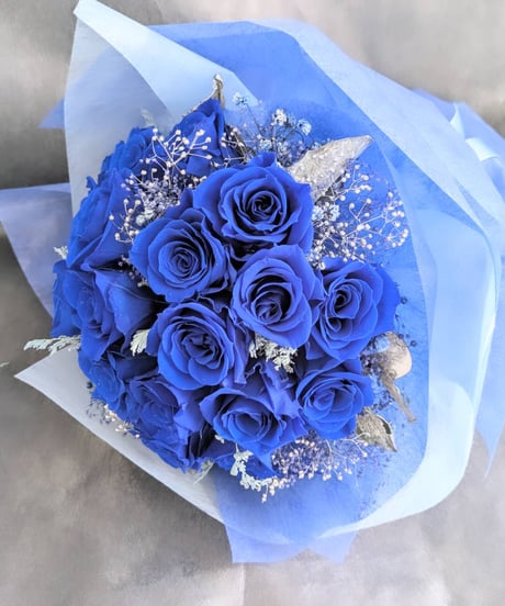 プリザーブドフラワー青い薔薇25本とかすみ草の花束／青い薔薇の奇跡と祝福