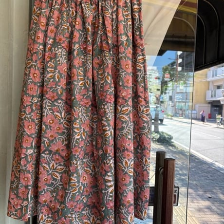 ◯Blockprint ギャザースカート◯グリーン◯ポケット付き