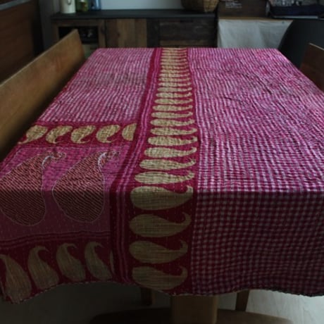インド○カンタキルト○オレンジとチェック○  約216×139cm