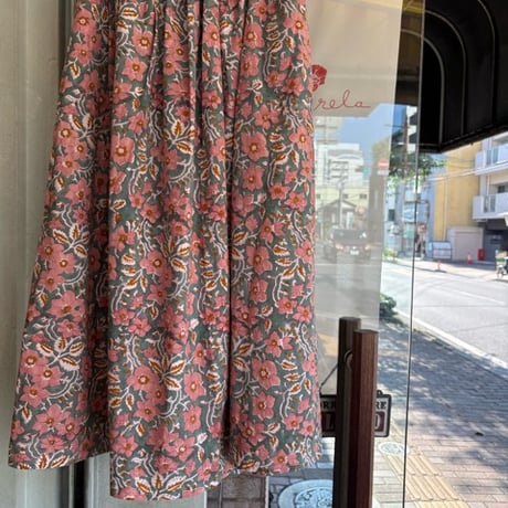◯Blockprint ギャザースカート◯グリーン◯ポケット付き