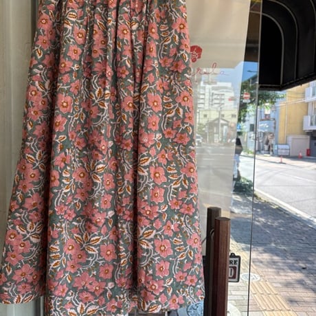 ◯Blockprint ギャザースカート◯グリーン◯ポケット付き