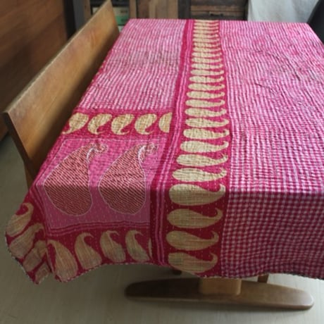 インド○カンタキルト○オレンジとチェック○  約216×139cm