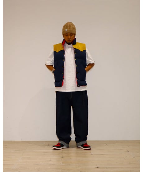 【A0026-328】■LEATHER YOKE DOWN VEST■ネイビー