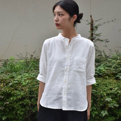 nous rendent heureux 綿麻ワッシャーバンドカラー5分袖シャツ