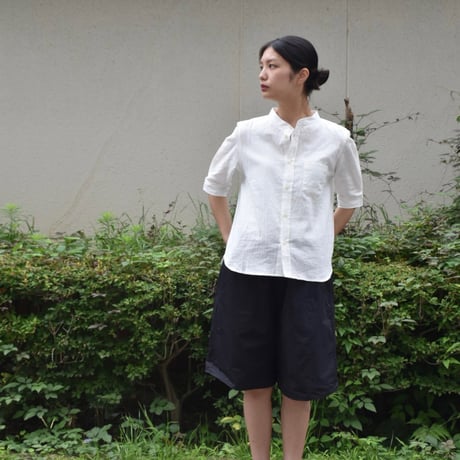 nous rendent heureux 綿麻ワッシャーバンドカラー5分袖シャツ