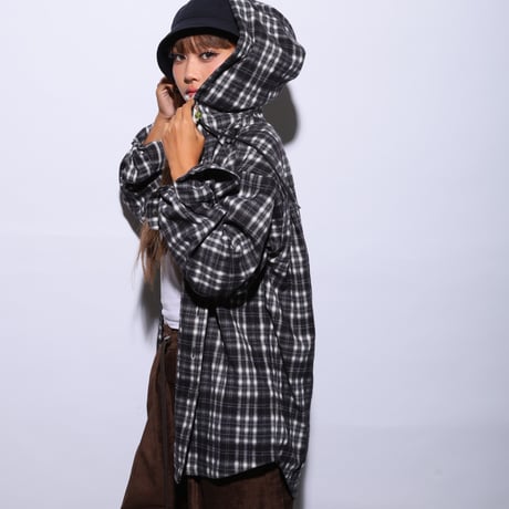 SHADOW PLAID HOODED SHIRT JACKET