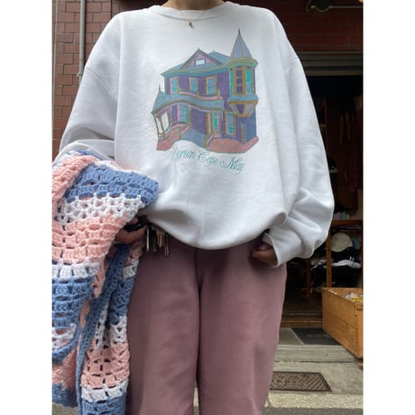 [USED] 鍵編みニット ブランケット 105cm × 80cm  SAX×PINK