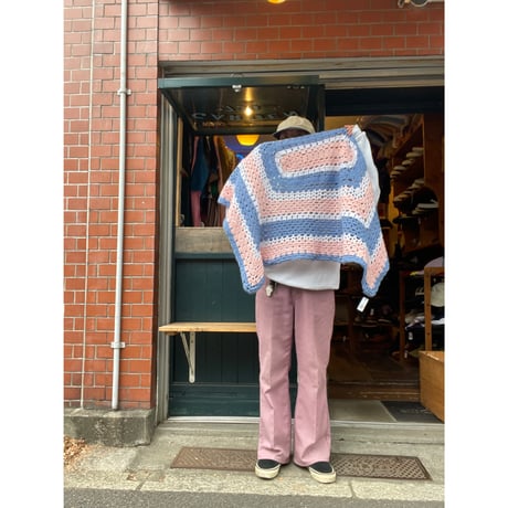 [USED] 鍵編みニット ブランケット 105cm × 80cm  SAX×PINK