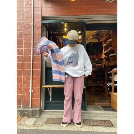 [USED] 鍵編みニット ブランケット 105cm × 80cm  SAX×PINK