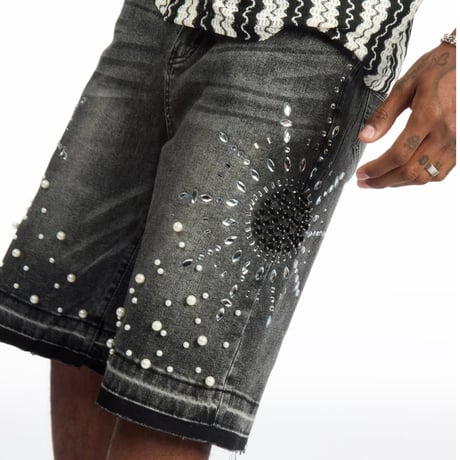 RockStar Original /  Rhinestone Short denim "Wash BLACK"