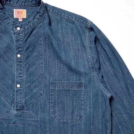 【 IMPRESTORE 】Riceman - Pinstripes Fisherman Shirt ( BLUE DENIM VINTAGE WASH )