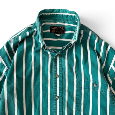 80's Eddie Bauer / Striped B.D.Shirt / Green XL / Used