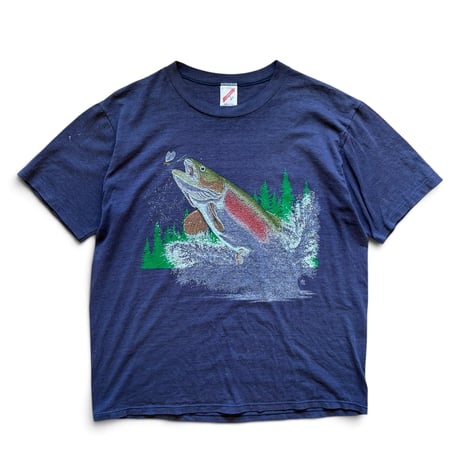 Made in USA / 80's Trout Printed Tee / Navy L / Used