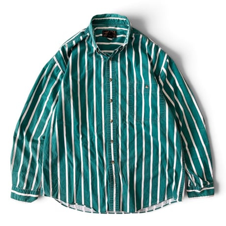 80's Eddie Bauer / Striped B.D.Shirt / Green XL / Used