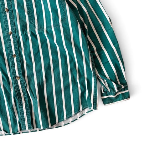 80's Eddie Bauer / Striped B.D.Shirt / Green XL / Used
