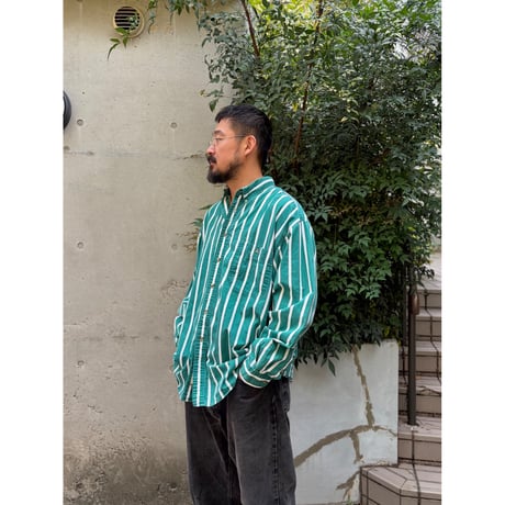 80's Eddie Bauer / Striped B.D.Shirt / Green XL / Used