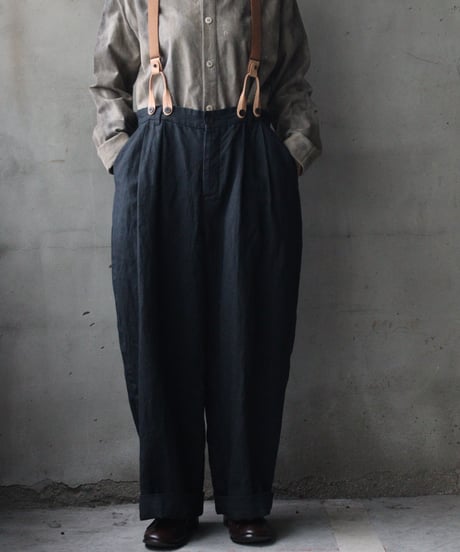 cavane キャヴァネ / Over-Tuck pants with suspender反応染め(硫化)+墨染めパンツ / ca-26078A