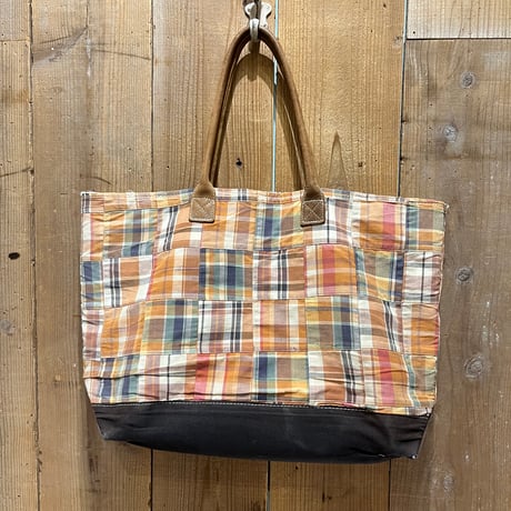 00s- L.L.bean Patchwork Canvas Tote  Bag  With  leather handle