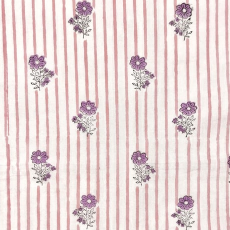 【50cm単位】ホワイトサーモンピンクストライプパープルスモールフラワー　インド綿　ハンドブロックプリント生地　コットン