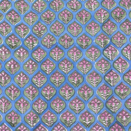【50cm単位】マリンブルーピンクスモールフラワー雫型　片耳ボーダー付き　インド綿　ハンドブロックプリント生地　コットン