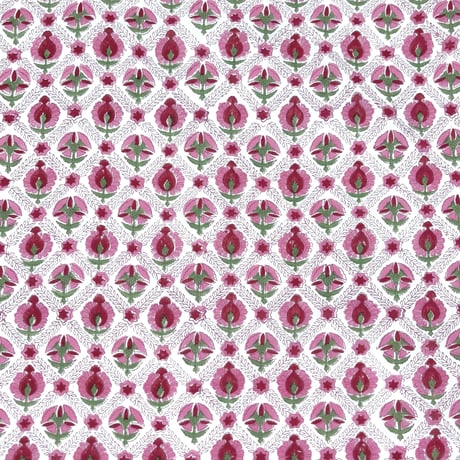 【50cm単位】ホワイトマゼンタピンクスモールフラワージャール柄　片耳ボーダー付き　インド綿　ハンドブロックプリント生地　コットン