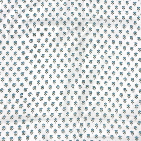 【50cm単位】ホワイトターコイズスモールフラワー　インド綿　ハンドブロックプリント生地　コットン