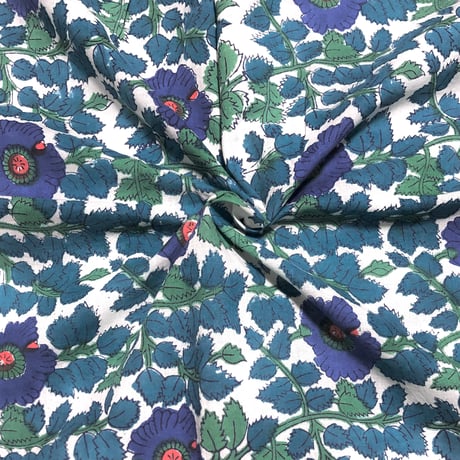 【50cm単位】ホワイトブルーフラワー　インドハンドブロックプリント生地　テキスタイル　コットン