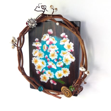 【新築祝・開店祝】アーモンドの花 “葡萄枝仕立て”ウォールアートボード＊ハンドメイド原画＊ギフトラッピング込み