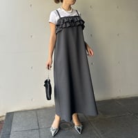 8-064    グレー　Ｗ胸フリルワンピース　ロング　ＸＬ