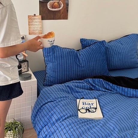 #厚手 ブルー ピン ストライプ 冬用 布団カバーセット 全2サイズ