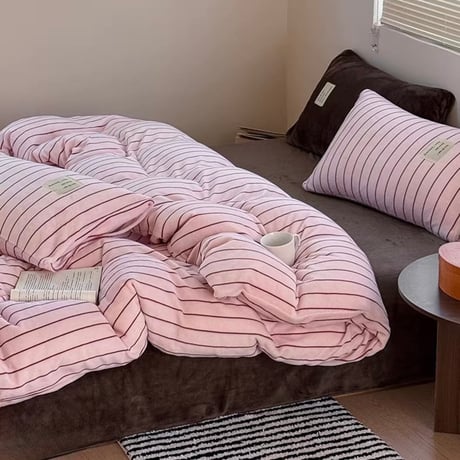 #厚手 ミルクフリース ピンク ブラウン ストライプ 冬用 布団カバーセット 全2サイズ