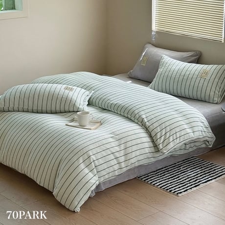 #厚手 ミルクフリース ミント グレー ストライプ 冬用 布団カバーセット 全2サイズ