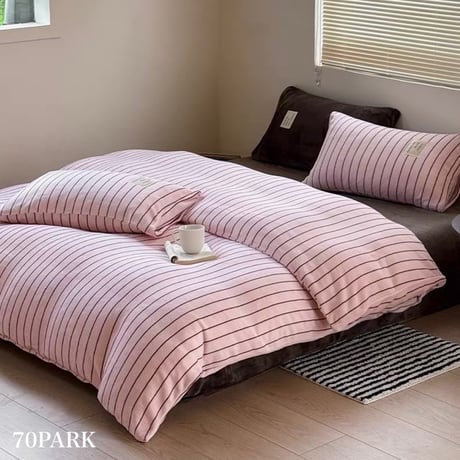 #厚手 ミルクフリース ピンク ブラウン ストライプ 冬用 布団カバーセット 全2サイズ