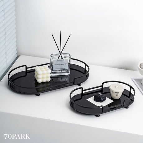 #ブラック アイアン アクリル オーバル型 トレイ 全3サイズ 香水収納 コスメ収納 鏡面
