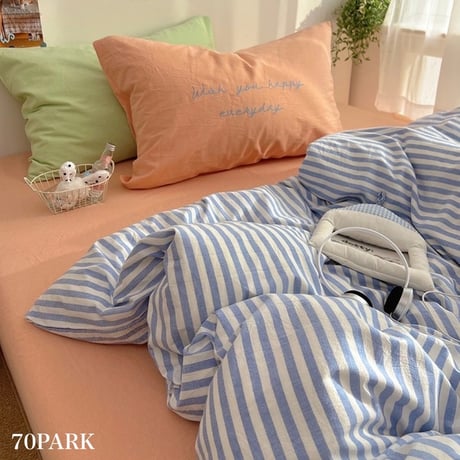 #ブルー ストライプ オレンジ ミックス コットン 布団カバーセット 全2サイズ ベッドカバー オールシーズン
