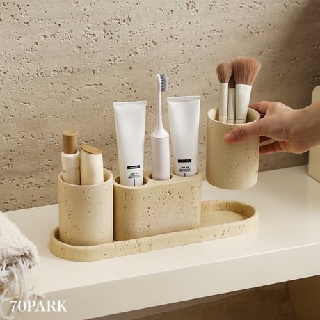 #4点セット トラバーチン風 歯ブラシ スタンド セット 全2色 カップ トレイ アメニティ 収納