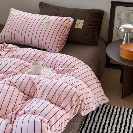#厚手 ミルクフリース ピンク ブラウン ストライプ 冬用 布団カバーセット 全2サイズ