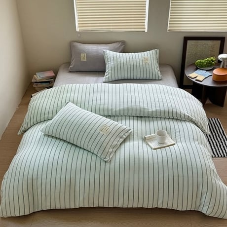 #厚手 ミルクフリース ミント グレー ストライプ 冬用 布団カバーセット 全2サイズ