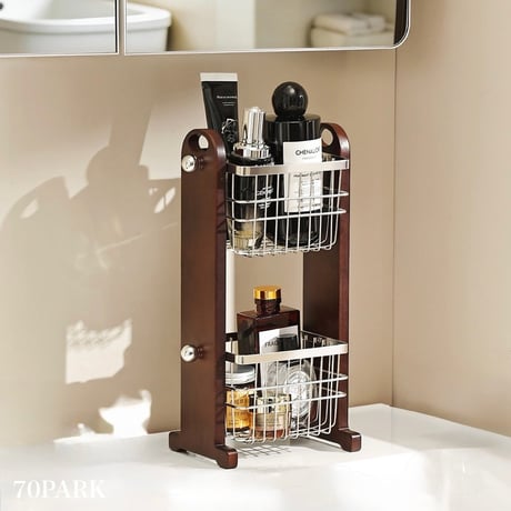 #ウッド ステンレス シルバー スクエア バスケット 二段 ディスプレイ ラック 収納 コスメ収納 スパイスラック