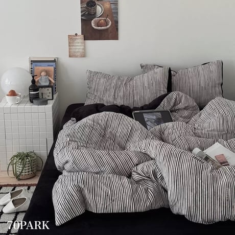 #厚手 ブラック グレー ストライプ 冬用 布団カバーセット 全2サイズ